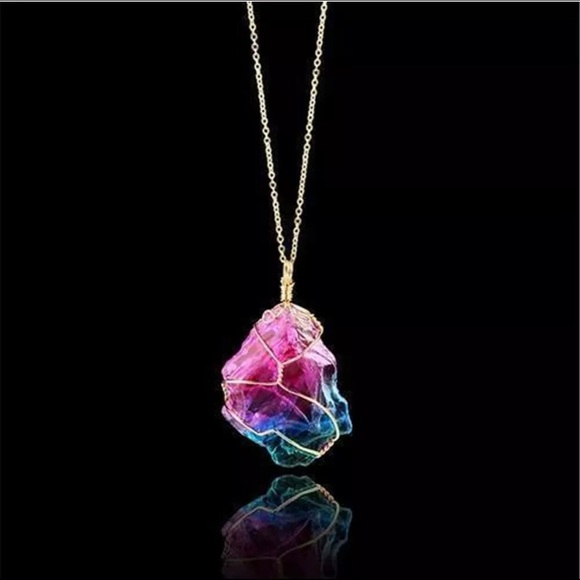 Rainbow Crystal Aura Quartz Necklace Gold PRIDE - Picture 6 of 12